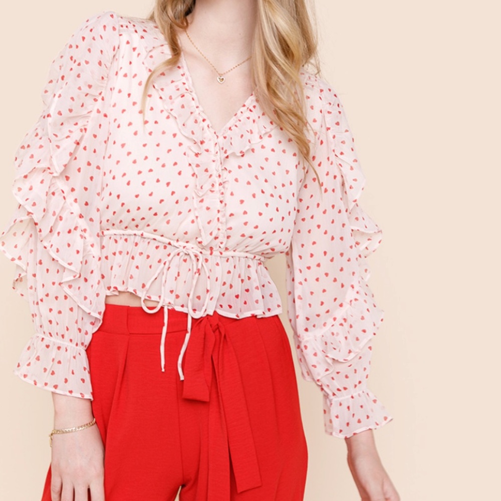 Vennie Mini Heart Ruffled Love Hipster Chic Glam Girly Romantic Flutter Blouse